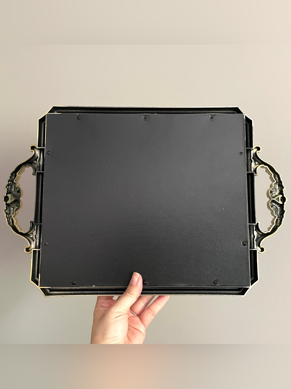 Vintage Inspired Gold Plastic Mirrored Rectangular Vanity Tray w/ Handles - Picture 5 of 8